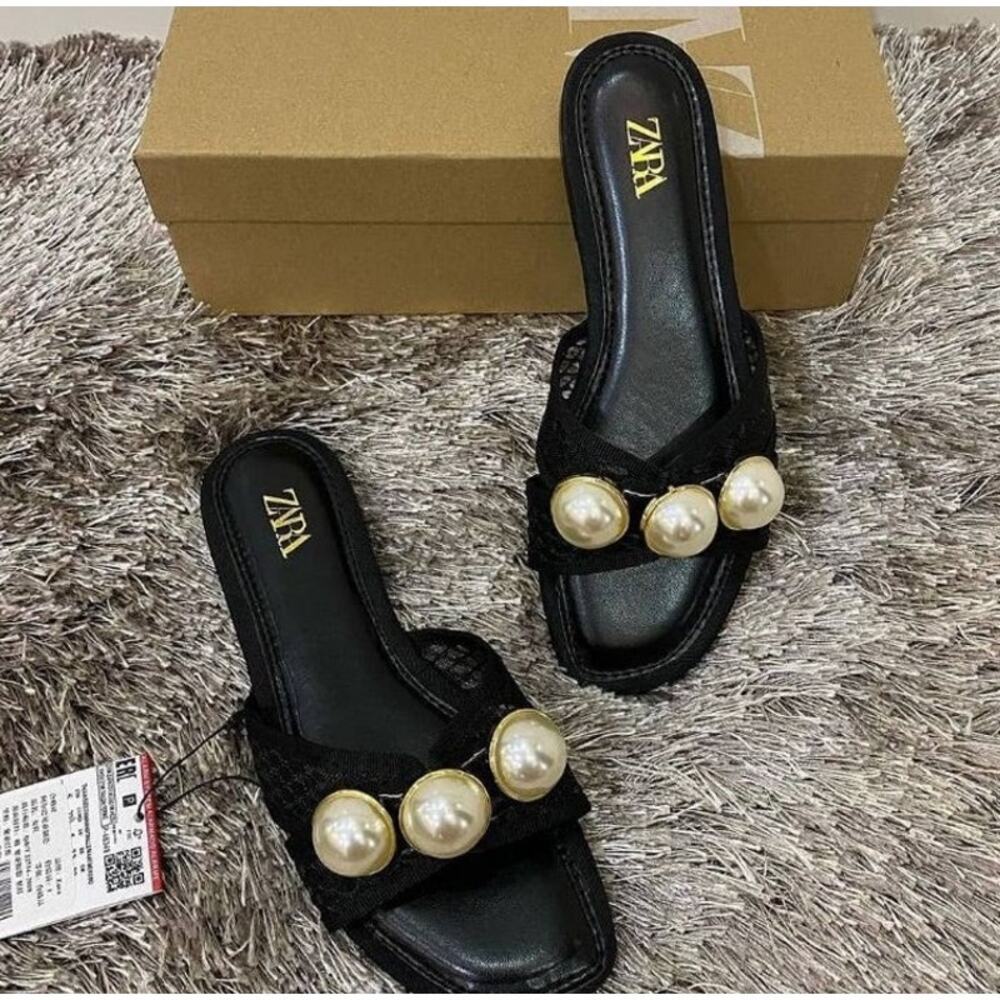 ZARA Pearl Embellished Mesh Slide Sandals NWT Black Resort Flats Size 7.5 - Picture 13 of 16